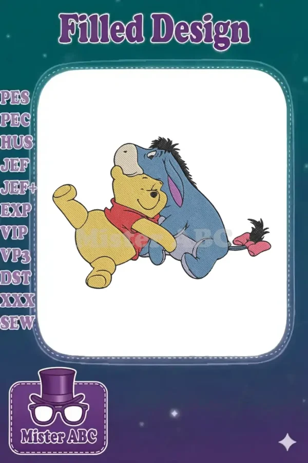 Embroidered design of Winnie the Pooh in a red shirt hugging a blue Eeyore, showcasing their iconic friendship.