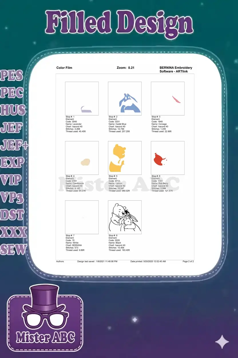 Color film showing the embroidery stitch order, individual color elements, thread usage, and stitch counts for the Pooh and Eeyore design.