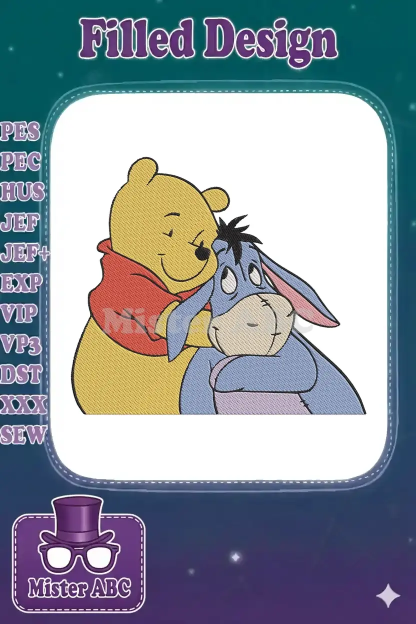 Winnie the Pooh in his red shirt gently hugging a slightly sad but content Eeyore, showcasing a heartwarming friendship.