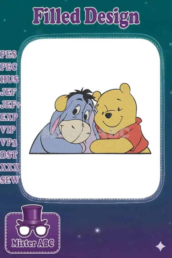 A heartwarming embroidery design featuring Winnie the Pooh and Eeyore, showcasing their special friendship.