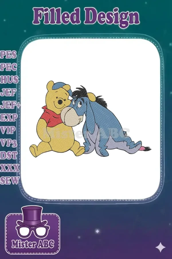 Winnie the Pooh and Eeyore embroidery design, featuring the beloved characters in a heartwarming pose.