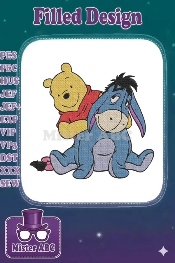Winnie the Pooh embracing Eeyore, a delightful machine embroidery design showing their classic friendship in vibrant colors.