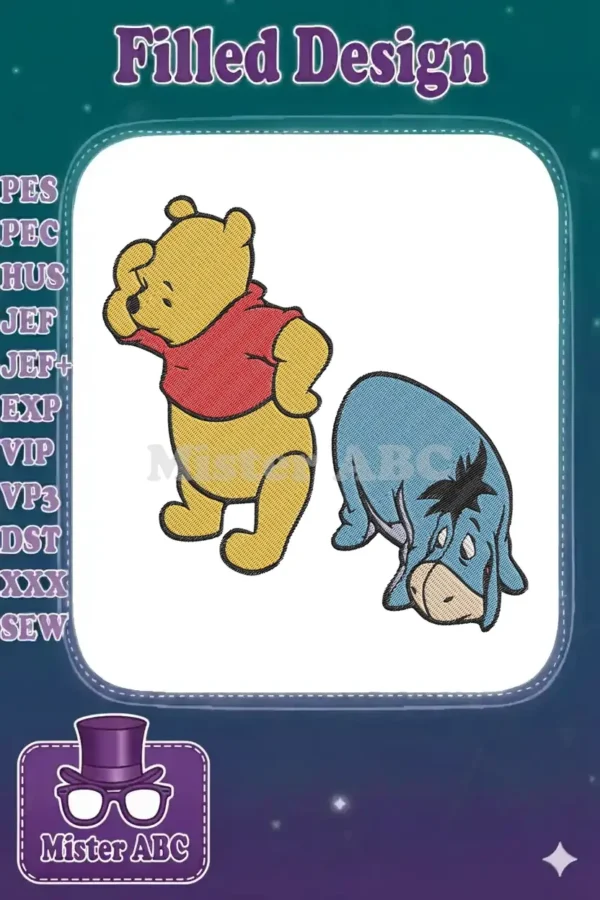 Embroidered Winnie the Pooh looking thoughtful and Eeyore looking downcast, showcasing detailed fill and satin stitches.