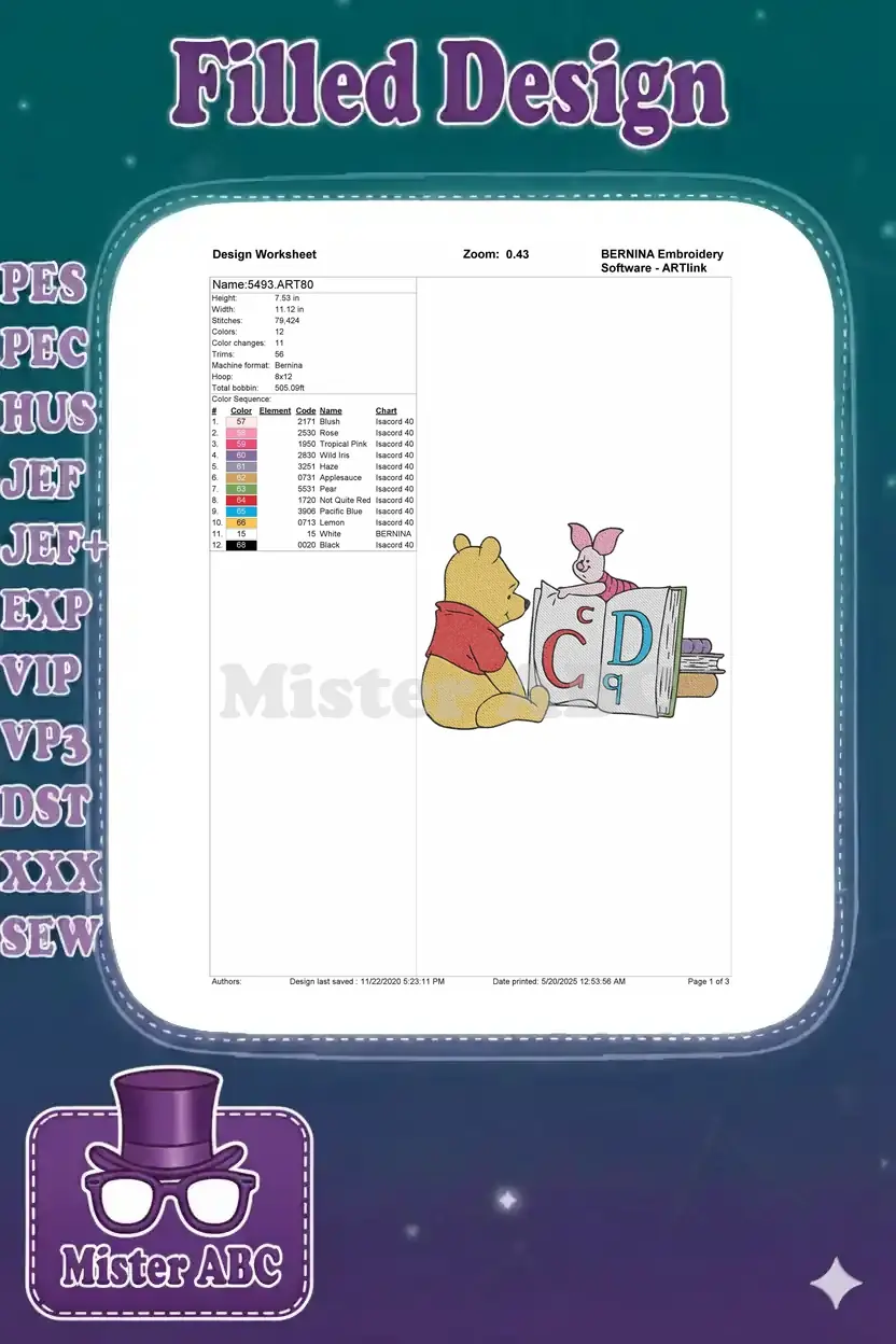 Embroidery design worksheet for Pooh and Piglet, detailing dimensions, stitch count, color sequence, and thread chart.