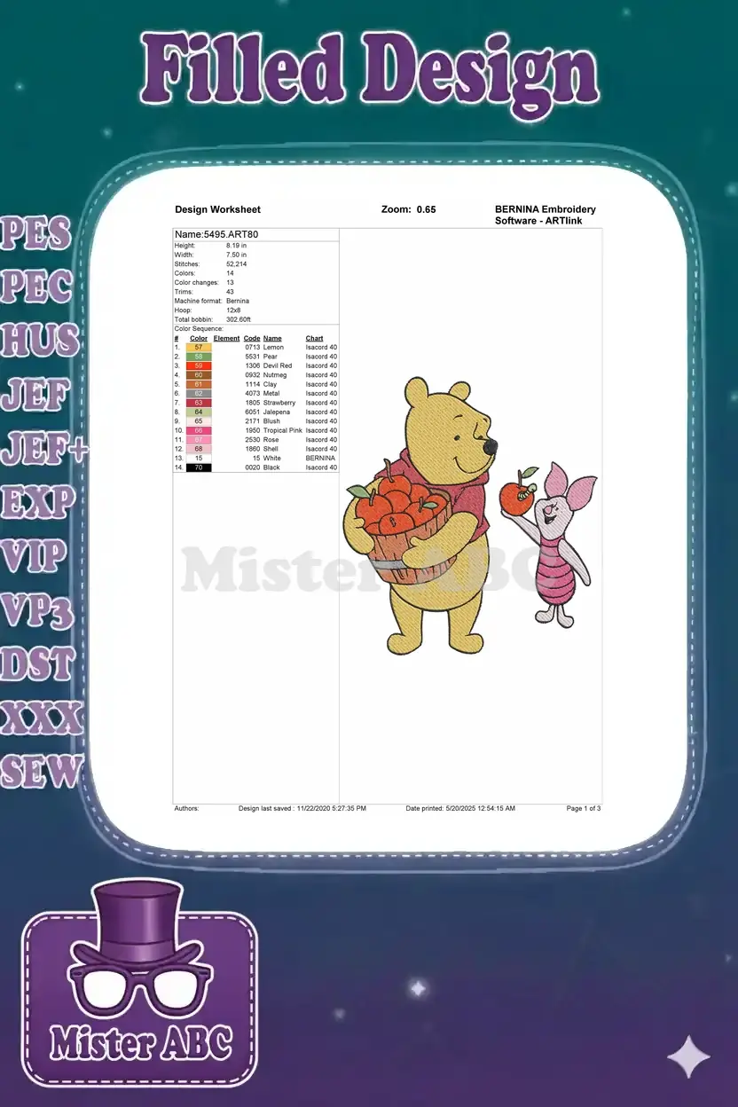 Detailed embroidery design worksheet for "5495.ART80," showing dimensions, stitch count, and color sequence.