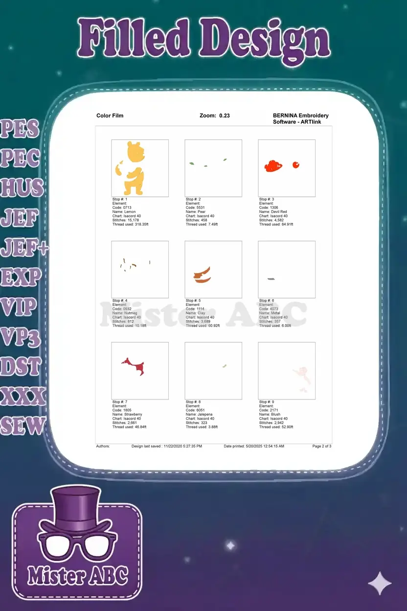 Page 2 of the embroidery color film, illustrating the stitch sequence for the initial color elements of the design.