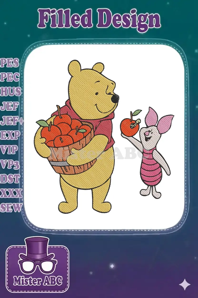 Adorable Winnie the Pooh holding a basket of apples with Piglet offering a wormy apple, a heartwarming scene.