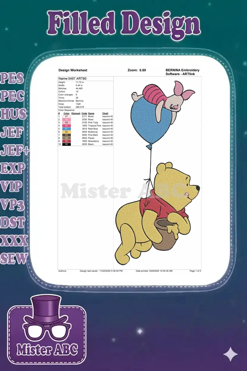 Embroidery design worksheet for Winnie the Pooh and Piglet, detailing dimensions, stitch count, and colors.