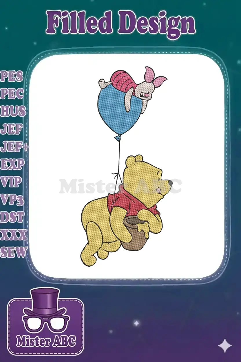 Detailed embroidery design featuring Winnie the Pooh holding a honey pot, lifted by a blue balloon with Piglet.
