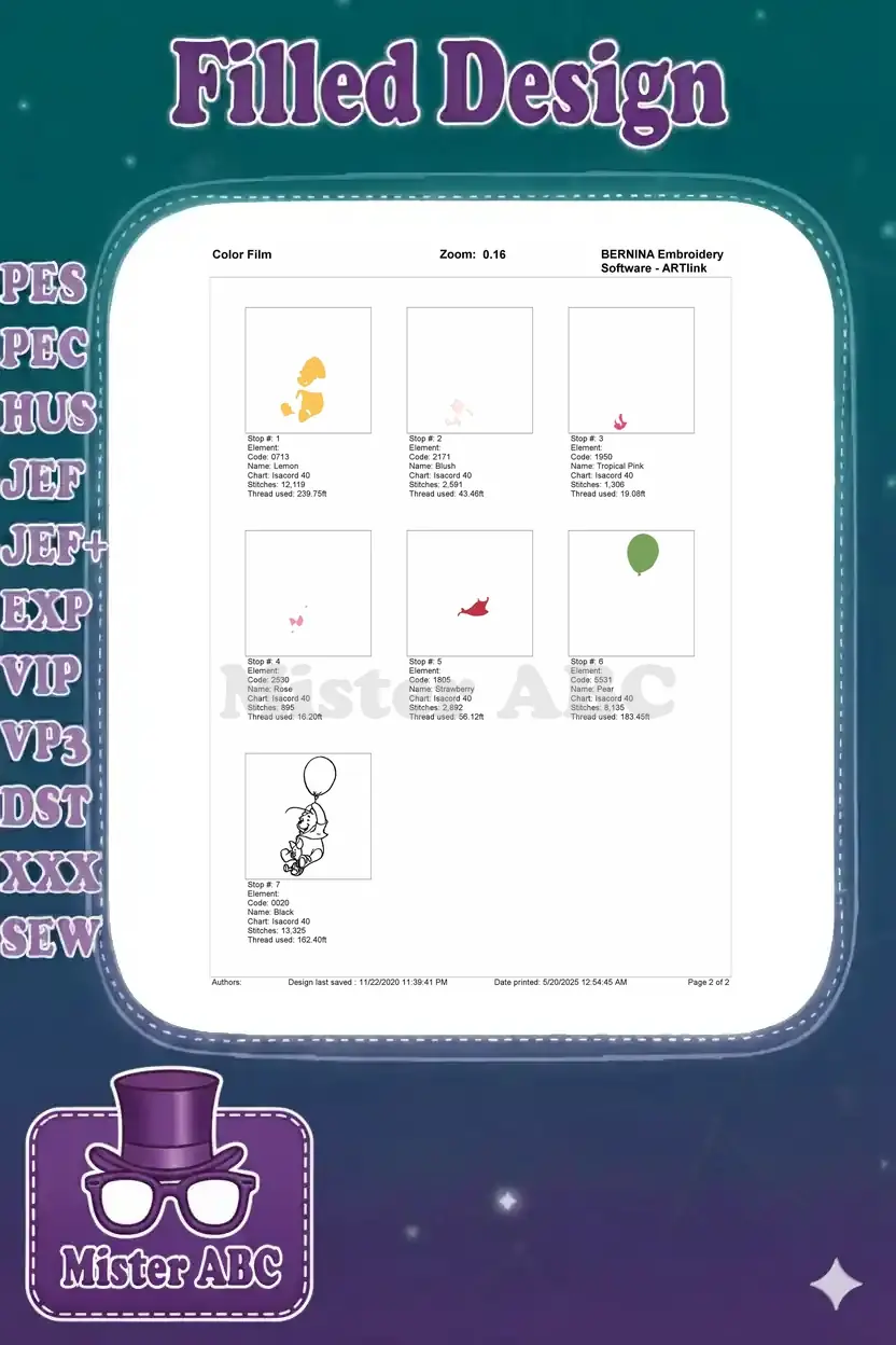 Color film breakdown of the Winnie the Pooh and Piglet embroidery design, showing each stitch stop.