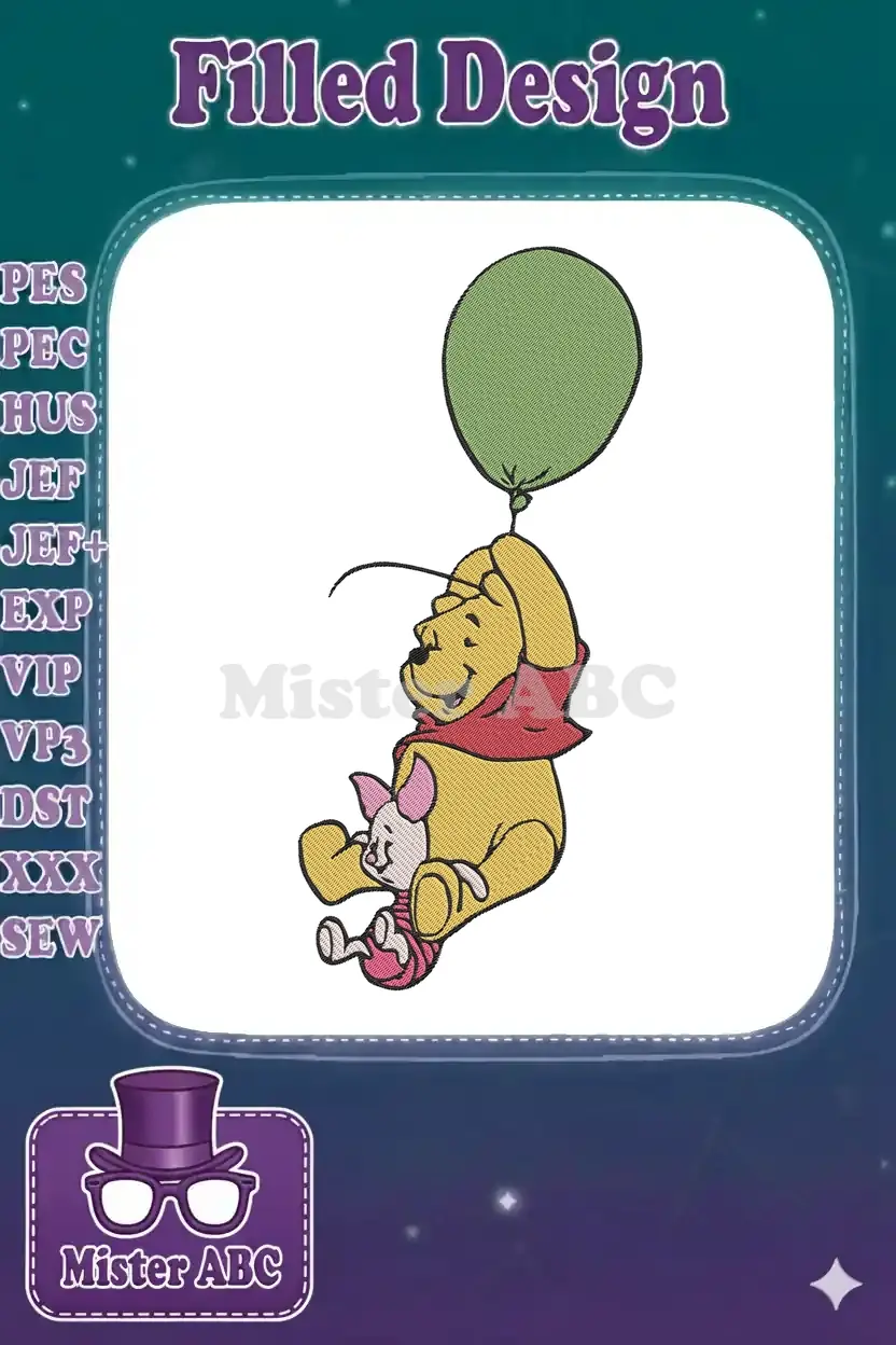 Winnie the Pooh and Piglet holding a green balloon, an adorable and detailed embroidery design for fans.