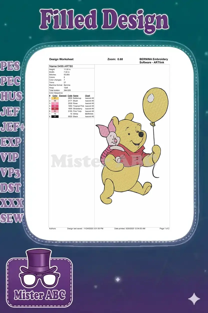 Detailed embroidery design worksheet for Pooh and Piglet, showing dimensions, stitch count, and color sequence.