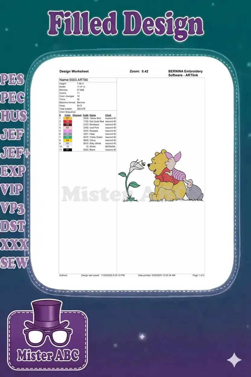 Embroidery design worksheet for Winnie the Pooh and Piglet, detailing dimensions, stitch count, colors, and machine information.