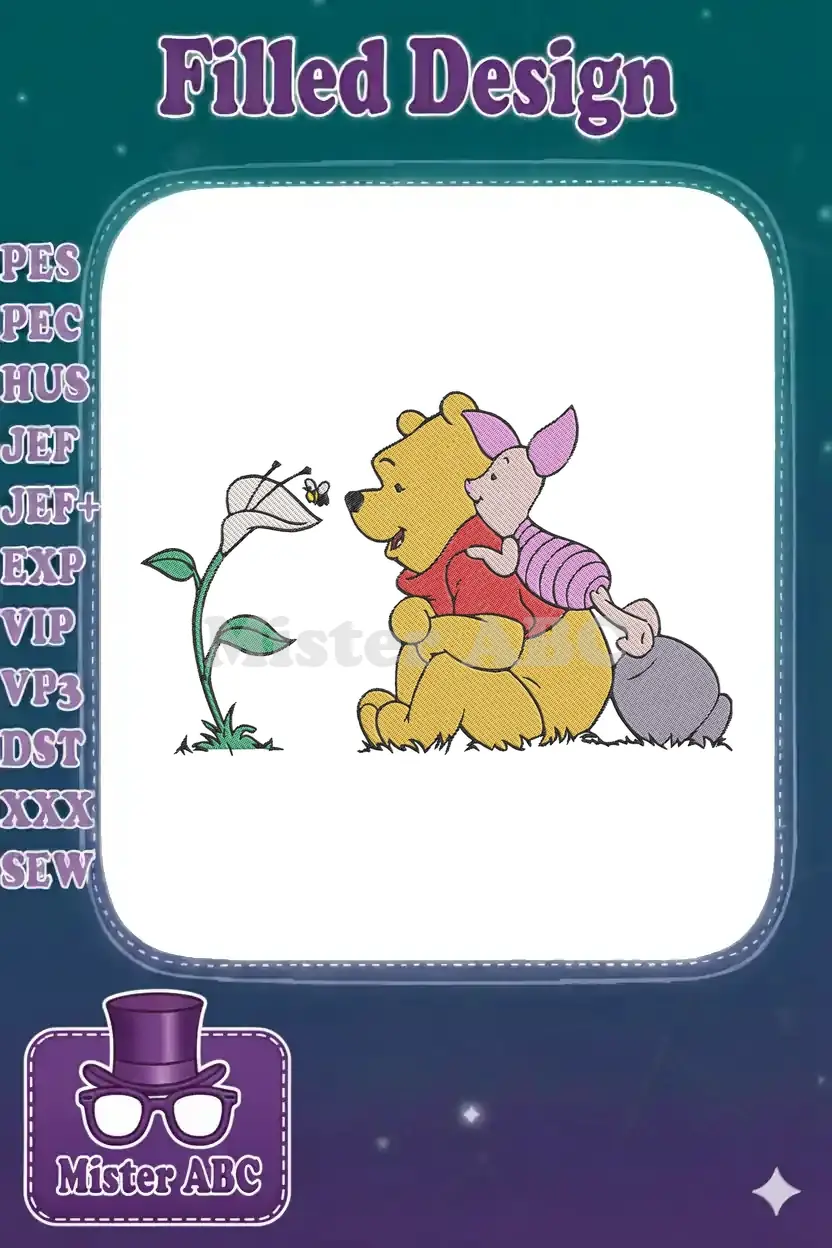 Winnie the Pooh and Piglet sit together, observing a bee near a white flower on a detailed embroidery design.