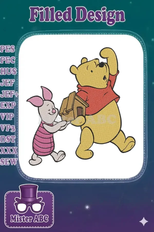 Full-color machine embroidery design featuring Winnie the Pooh holding a small house, with Piglet reaching up.