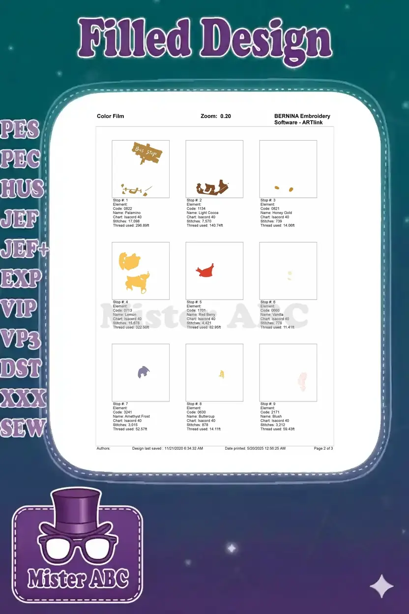 Embroidery color film page 2, illustrating the first nine color stops for the Winnie the Pooh design.