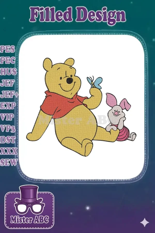 Winnie the Pooh and Piglet embroidery design, featuring Pooh holding a blue butterfly, with Piglet sitting beside him.