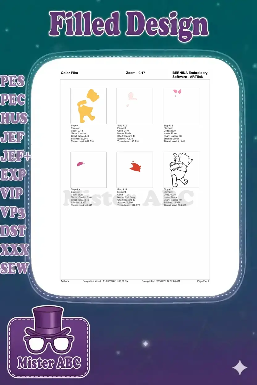 Color film breakdown of the Winnie the Pooh and Piglet embroidery design, showing each stitch sequence.