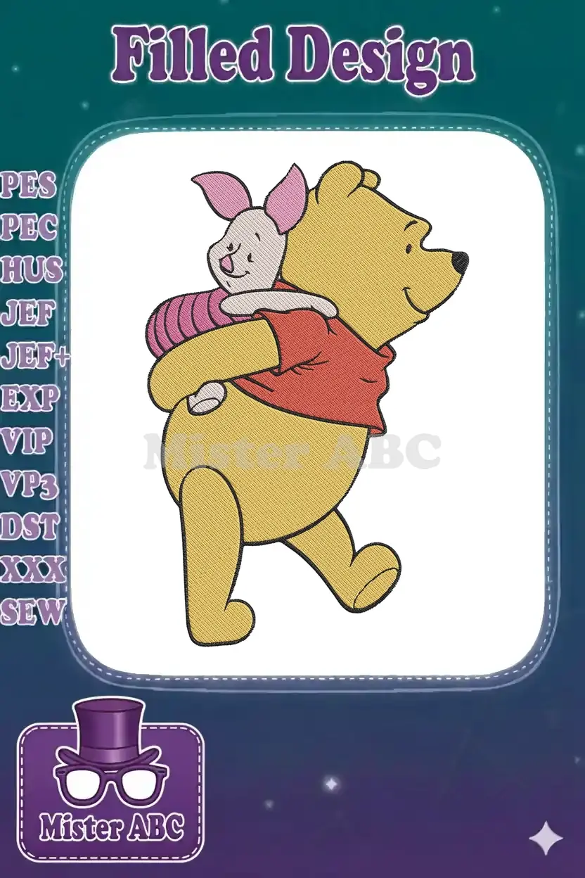 Winnie the Pooh walking while carrying Piglet on his back, a heartwarming and classic Disney embroidery design.