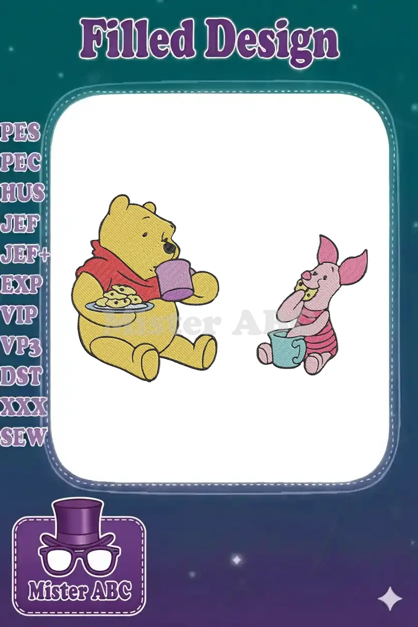 Detailed embroidery of Winnie the Pooh holding cookies and Piglet eating from a cup, featuring vibrant colors.