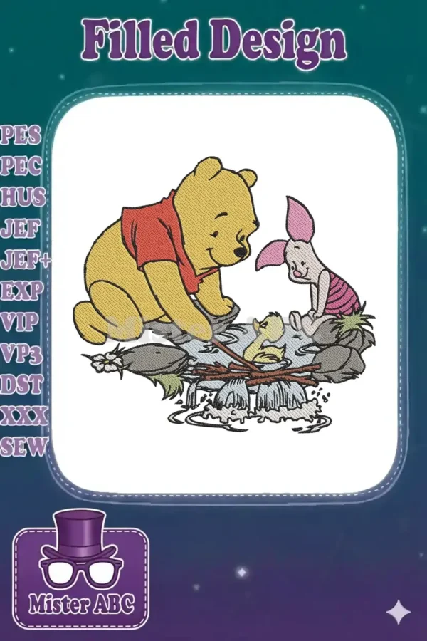 Winnie the Pooh and Piglet embroidery design, featuring them by a stream with a yellow duckling. Charming scene.