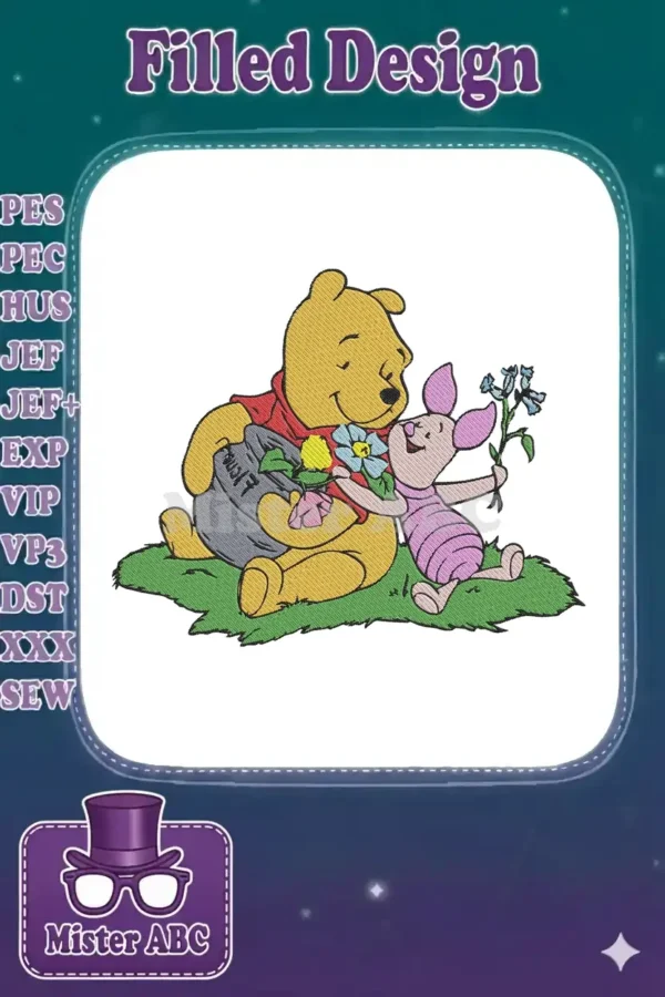 Winnie the Pooh and Piglet embroidery design, showing Pooh holding a honey pot and Piglet offering flowers.