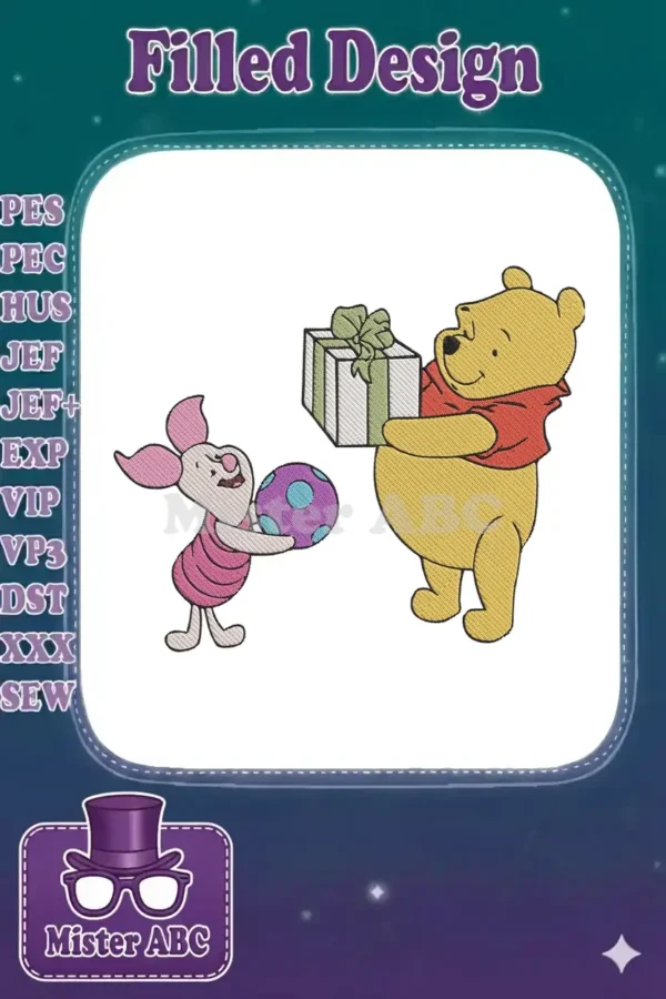 Adorable Winnie the Pooh and Piglet embroidery design, exchanging gifts, featuring vibrant colors and detailed stitching.