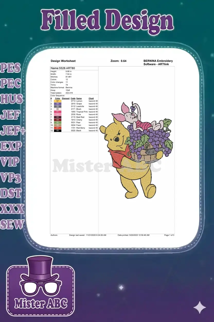 Embroidery design worksheet for Pooh and Piglet with grapes, showing dimensions, stitch count, and color chart.