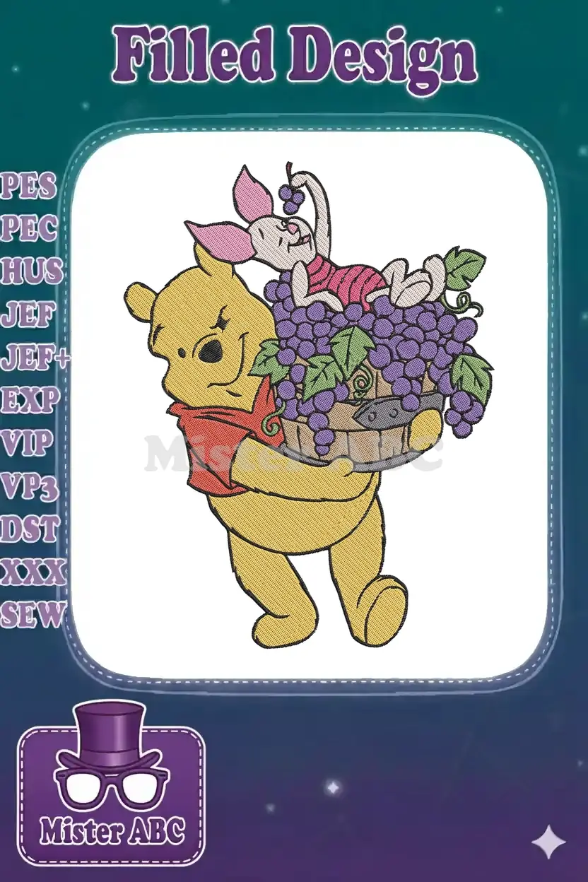 Winnie the Pooh carrying a basket of purple grapes with Piglet happily resting on top, a charming embroidery.