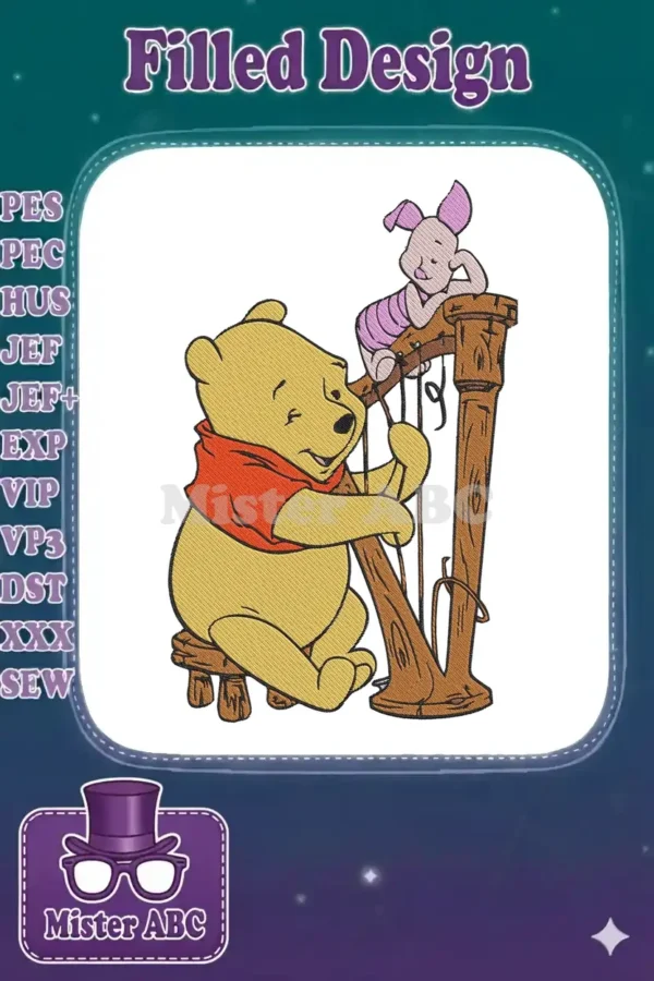 Winnie the Pooh playing a harp with Piglet listening, a delightful and detailed embroidery design.