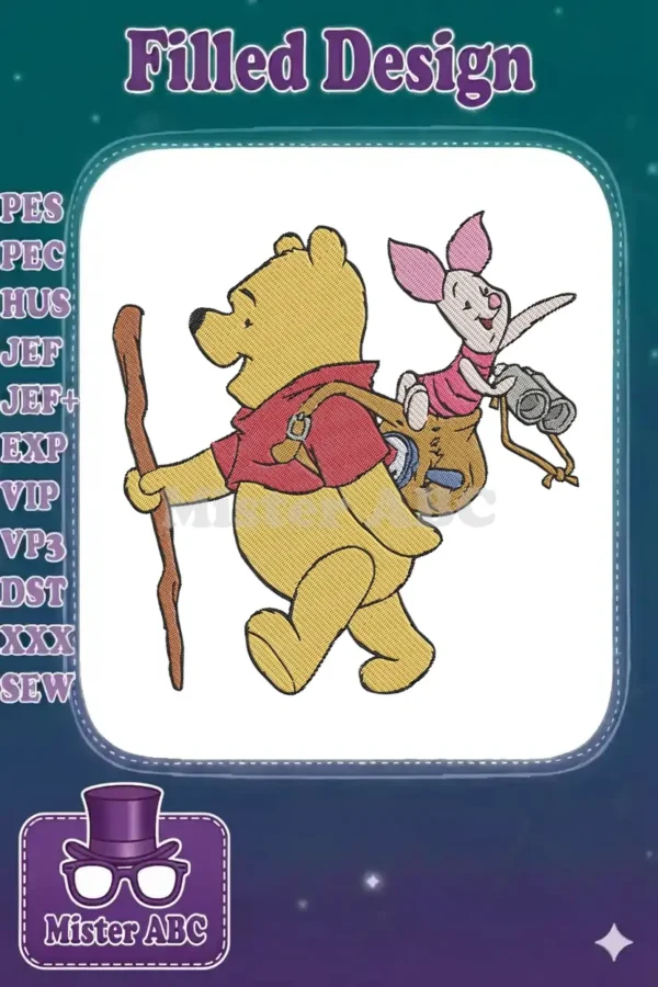 Winnie the Pooh holding a hiking staff with Piglet riding in a backpack, holding binoculars, for embroidery.
