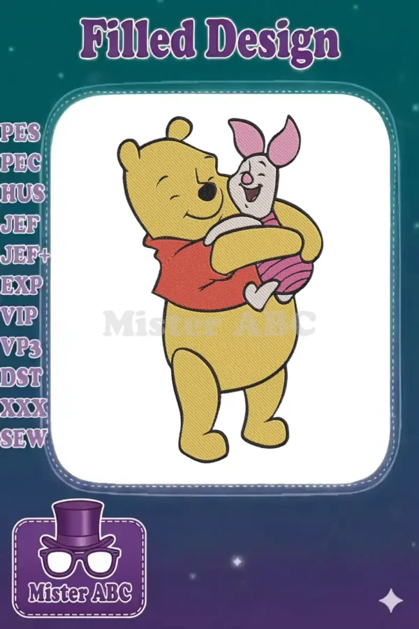 Winnie the Pooh embracing Piglet in a heartwarming embroidery design, featuring vibrant colors and detailed stitching.