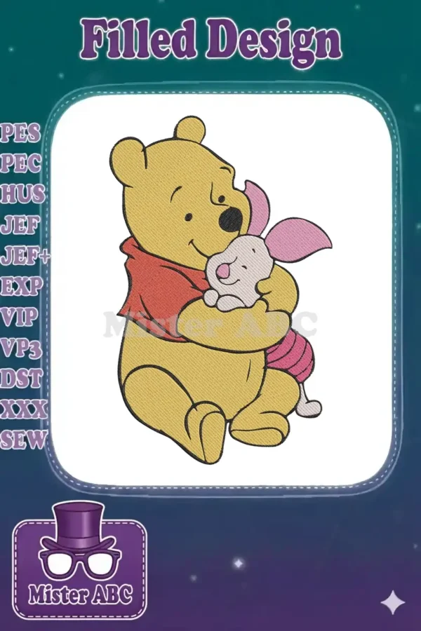 A heartwarming embroidery design of Winnie the Pooh gently embracing Piglet, showcasing their iconic friendship.