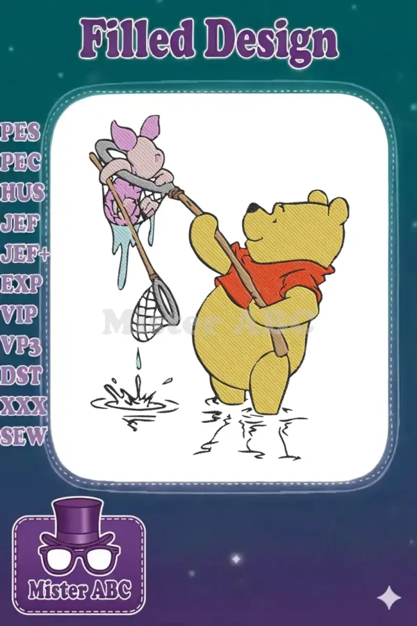 Winnie the Pooh holding a net with a surprised Piglet caught inside, both standing in water, a playful scene.