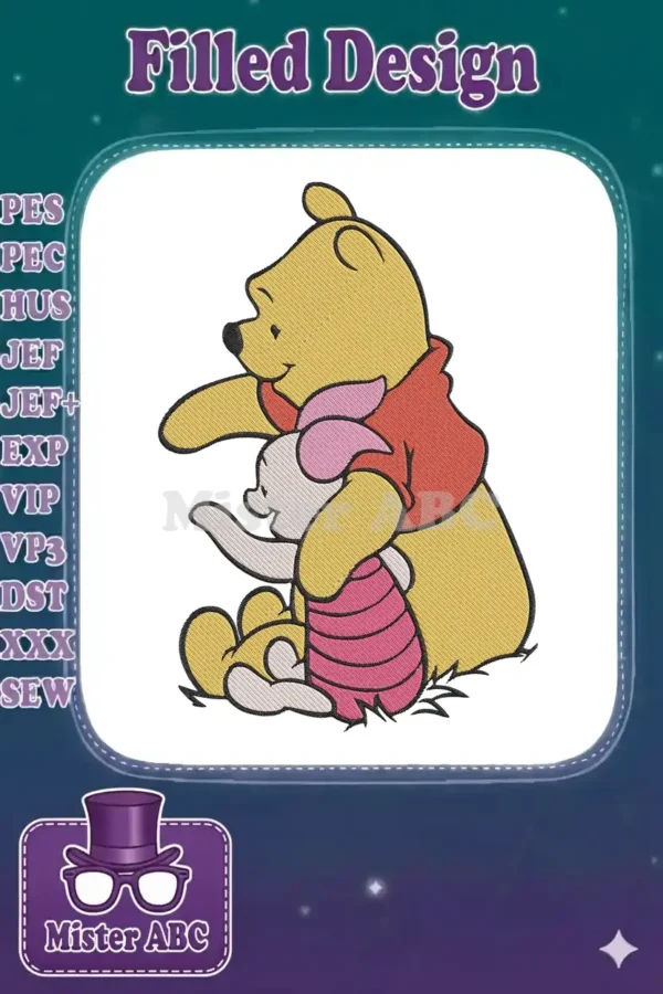 Winnie the Pooh hugging Piglet embroidery design, showcasing their sweet friendship in vibrant fill and satin stitches.