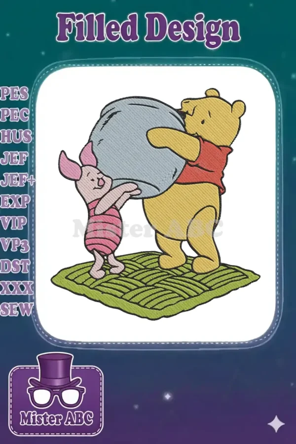 Winnie the Pooh and Piglet embroidery design, showing them struggling to carry a large light blue pot on a green mat.