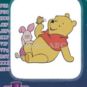 Winnie the Pooh and Piglet embroidery design, featuring Pooh holding a butterfly with Piglet beside him, on a white background.