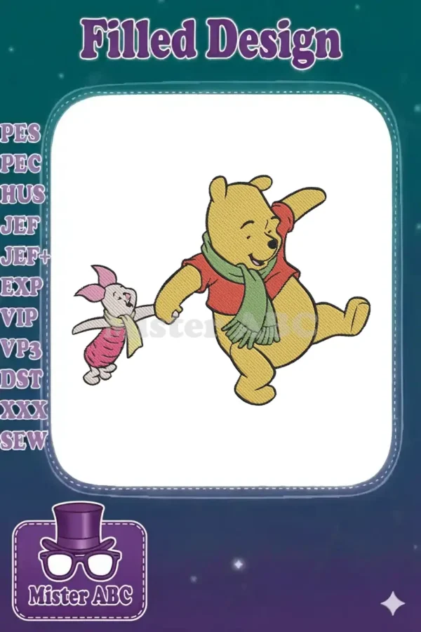 Winnie the Pooh and Piglet holding hands, walking happily, depicted in a colorful machine embroidery design.