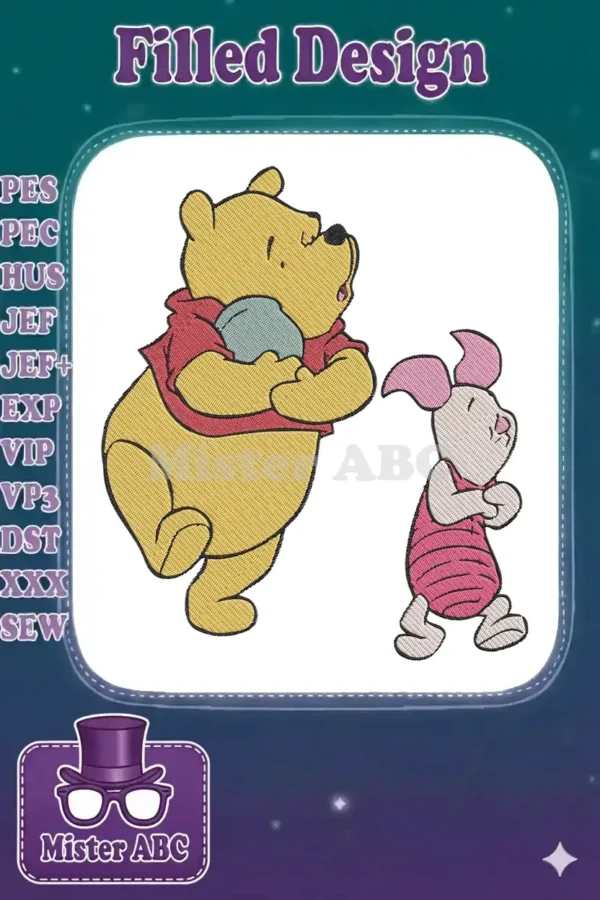 Classic Winnie the Pooh holding a honey pot, with Piglet walking behind, rendered in detailed embroidery.