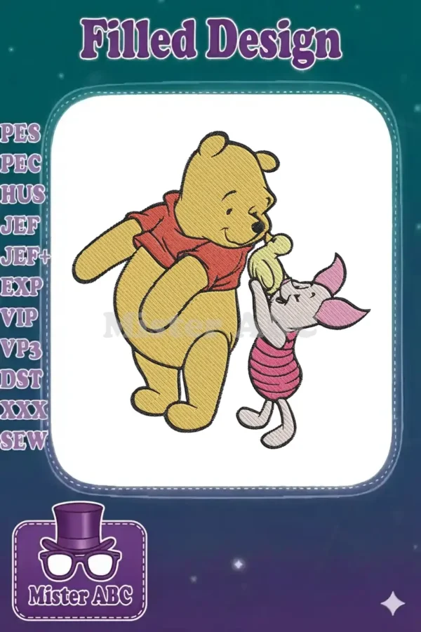 Winnie the Pooh and Piglet embroidery design, showcasing their heartfelt bond with vibrant colors and intricate details.