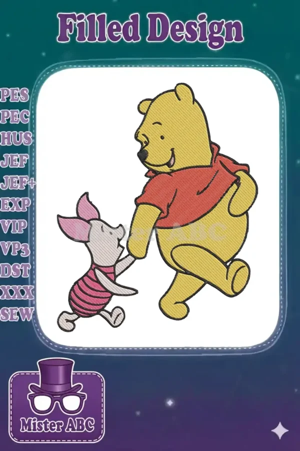 Winnie the Pooh and Piglet embroidery design, showing their heartwarming friendship, rendered in vibrant fill stitches.