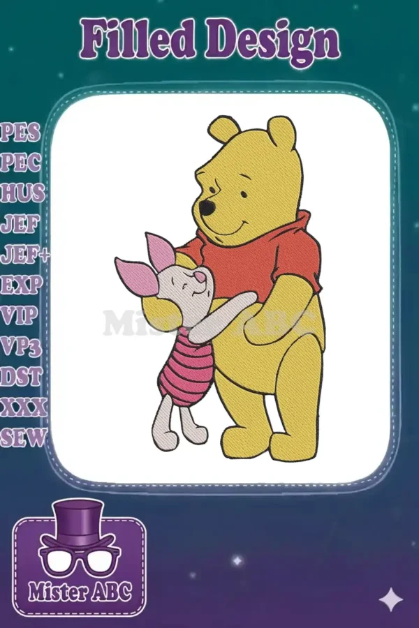 Embroidered design of Winnie the Pooh embracing Piglet, showcasing their iconic friendship and vibrant colors.