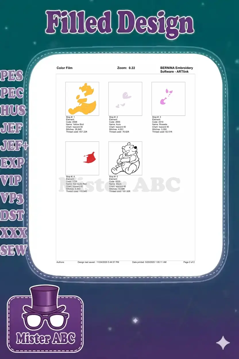 Winnie the Pooh and Piglet embroidery color film, illustrating the stitch order and individual thread elements.