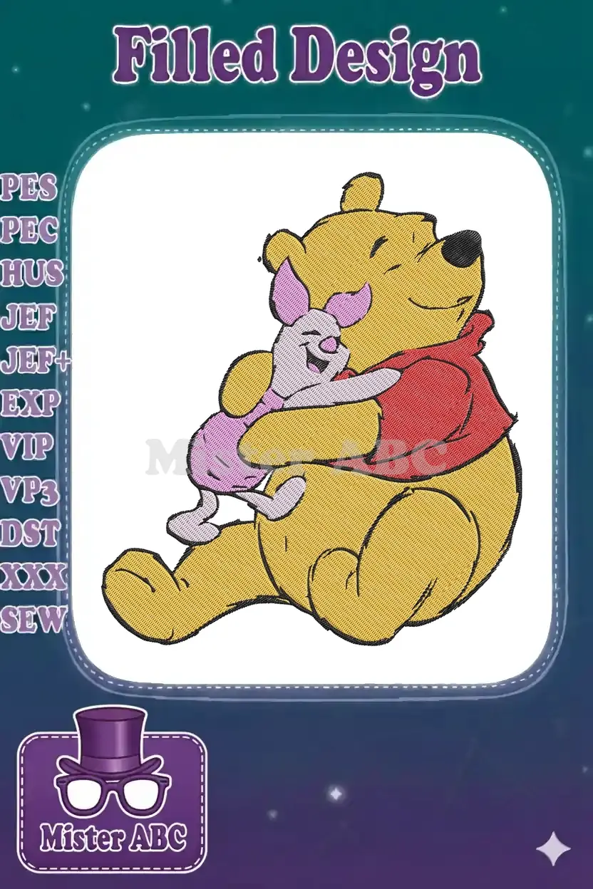 Adorable Winnie the Pooh and Piglet embroidery design, showcasing their iconic hug in vibrant, detailed stitching.