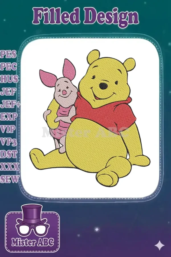 Winnie the Pooh and Piglet embroidery design, featuring the beloved characters sitting together in friendship.