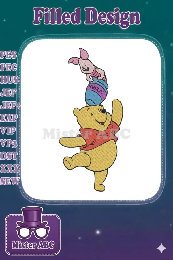 Winnie the Pooh balancing Piglet on a honey pot embroidery design, showcasing vibrant colors and intricate stitch work.