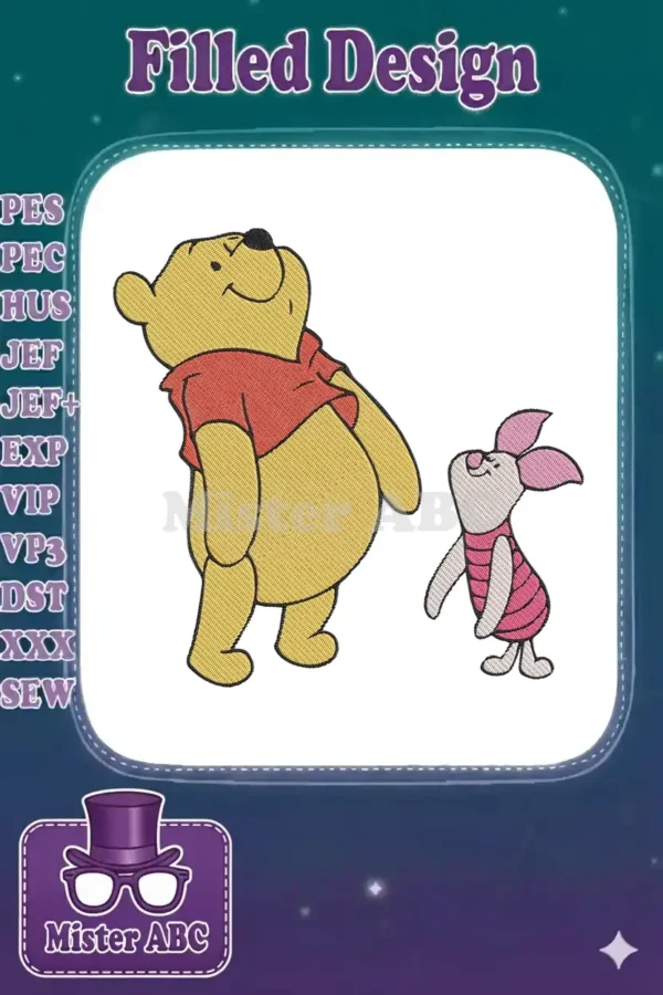 Winnie the Pooh and Piglet looking upwards, a charming embroidery design with vibrant colors and clear outlines.