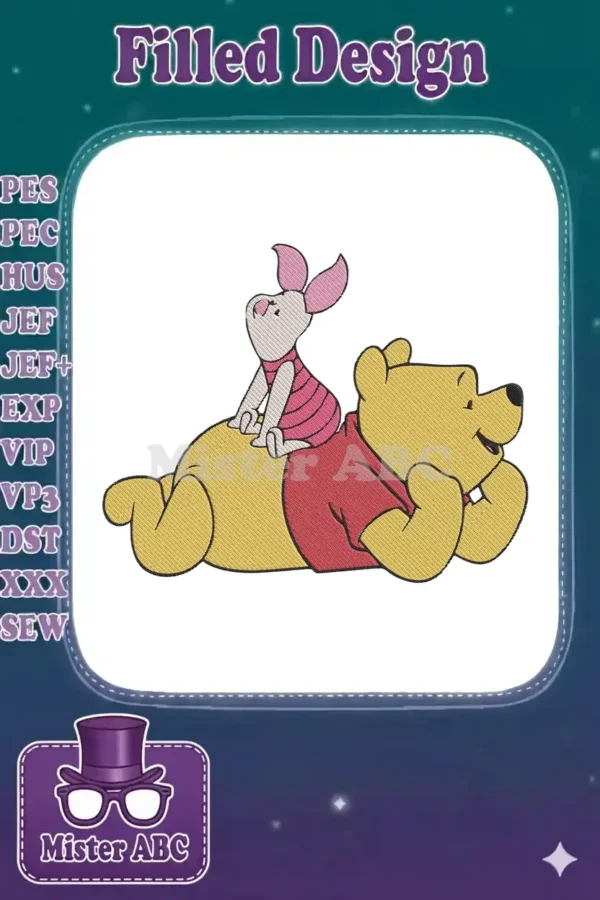 A delightful embroidery design of Winnie the Pooh lying down with a cheerful Piglet sitting on his back, symbolizing friendship.