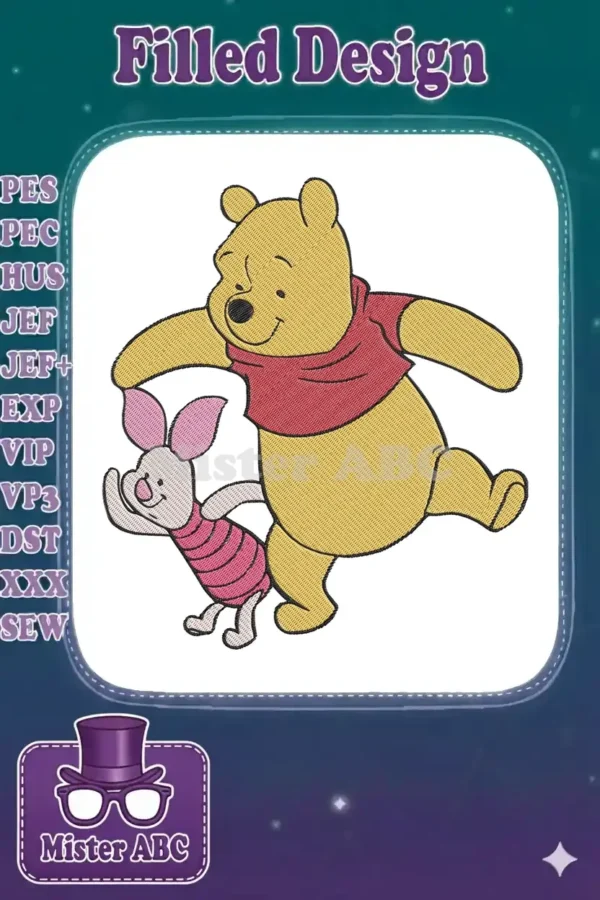 Winnie the Pooh and Piglet embroidery design, featuring the beloved characters walking hand-in-hand with joyful expressions.