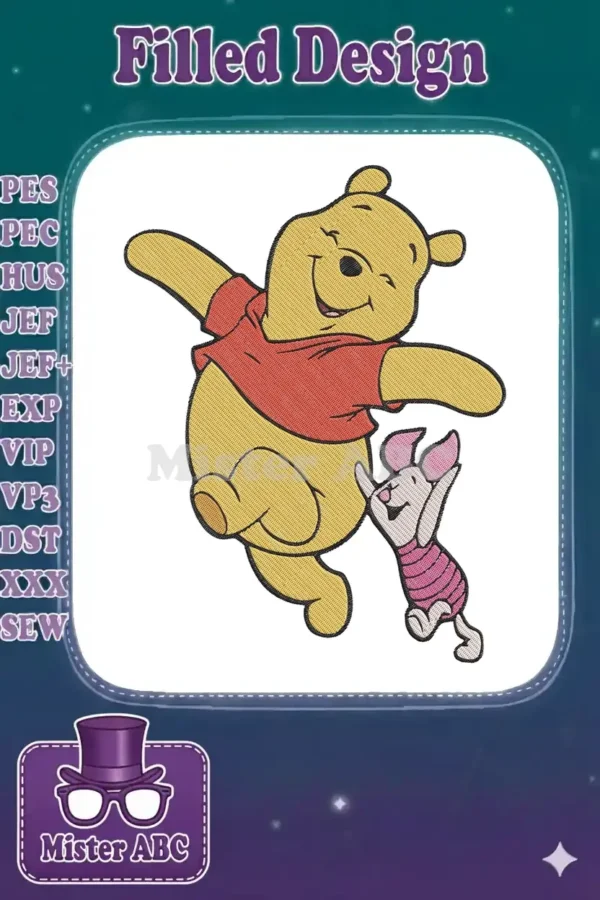Winnie the Pooh and Piglet embroidery design, showcasing their joyful interaction in vibrant fill stitches.